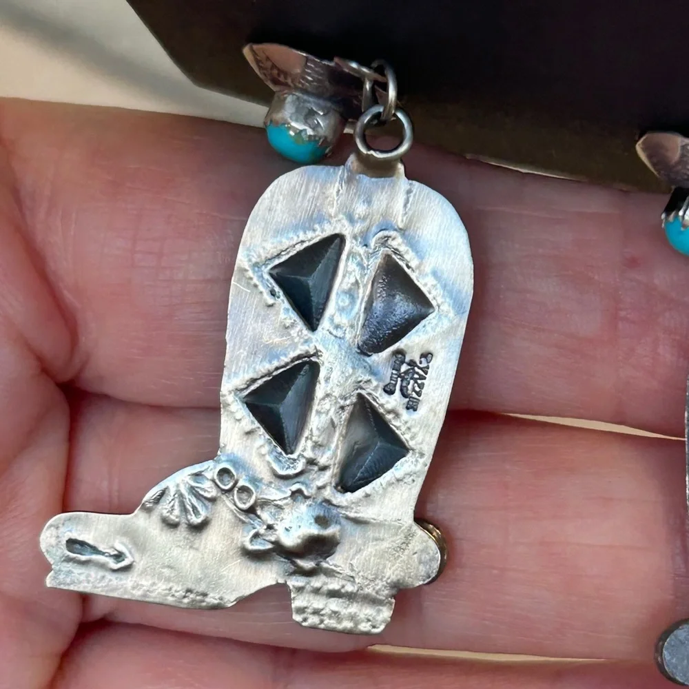 Tim Yazzie Signed Sterling Silver & Kingman Turquoise Boot Dangle Earrings